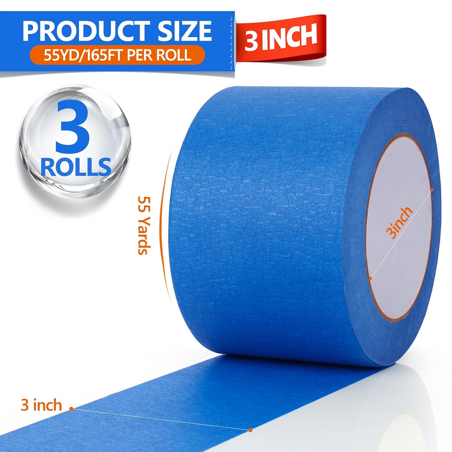 Painters Tape 3 Inch Wide, 3 Rolls Blue Painters Tape for Painting 55 Yards