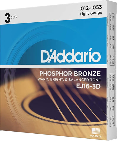 D'Addario EJ16-3D Phosphor Bronze Acoustic Guitar Strings 12-53, 3 Sets