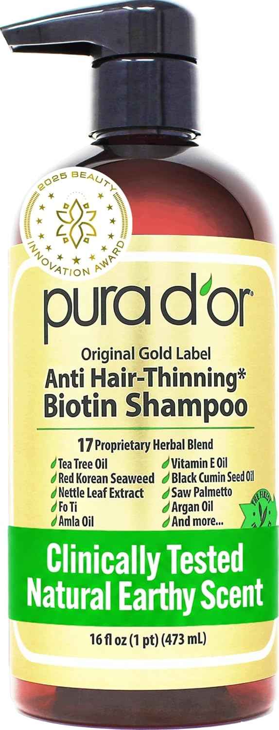 PURA D'OR Original Gold Label Anti-Hair Thinning Biotin Shampoo, 16oz | Fuller-Looking Volume, Clinically Tested, Saw Palmetto, Nettle, Aloe Vera Base, Men & Women, Sulfate-Free, Paraben-Free