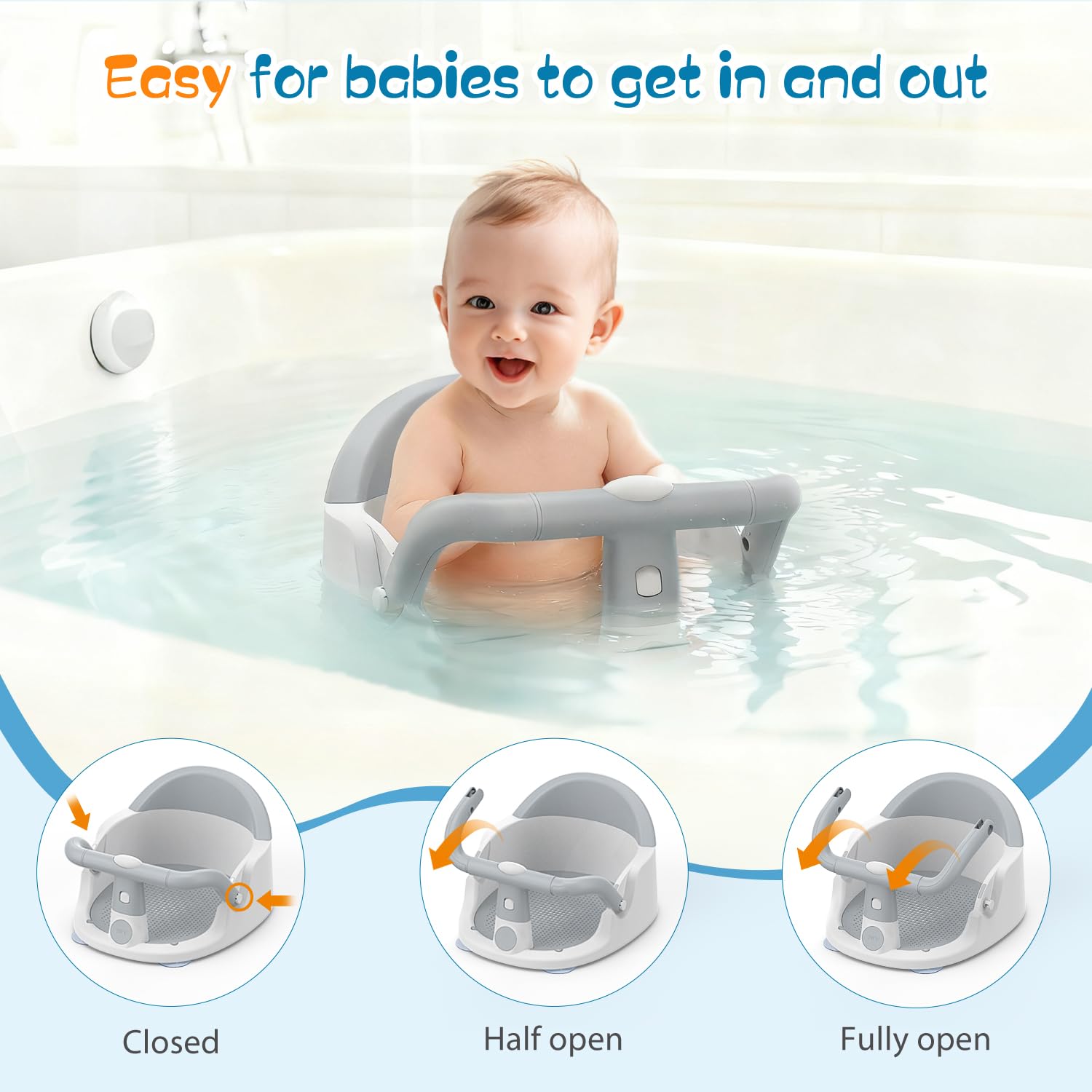 Baby Bath Seat with Suction Cups, 6M+ Up, Non-Slip, Portable, Easy Clean