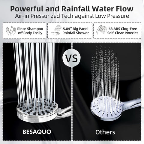 BESAQUO 9 Functions High Pressure Shower Head with Handheld,Built-in Pause Mode&Power Wash,Non-Clogging Nozzles,6ft Hose&Bracket