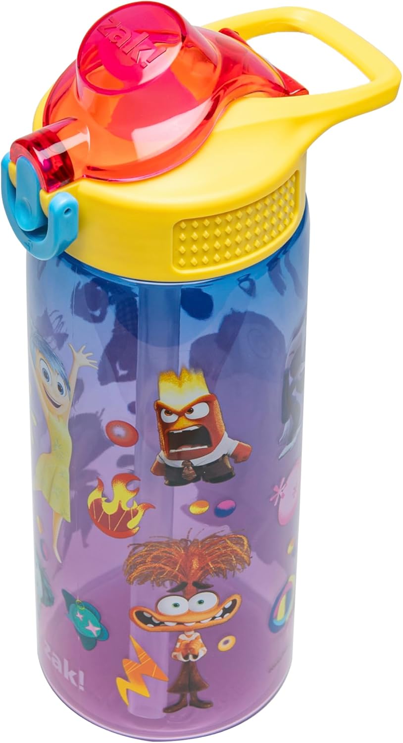 Zak Designs Disney and Pixar Inside Out 2 Sage Water Bottle For School or Travel, 25oz Durable Plastic Water Bottle With Straw, Handle, and Leak-Proof, Pop-Up Spout Cover (Emotions)