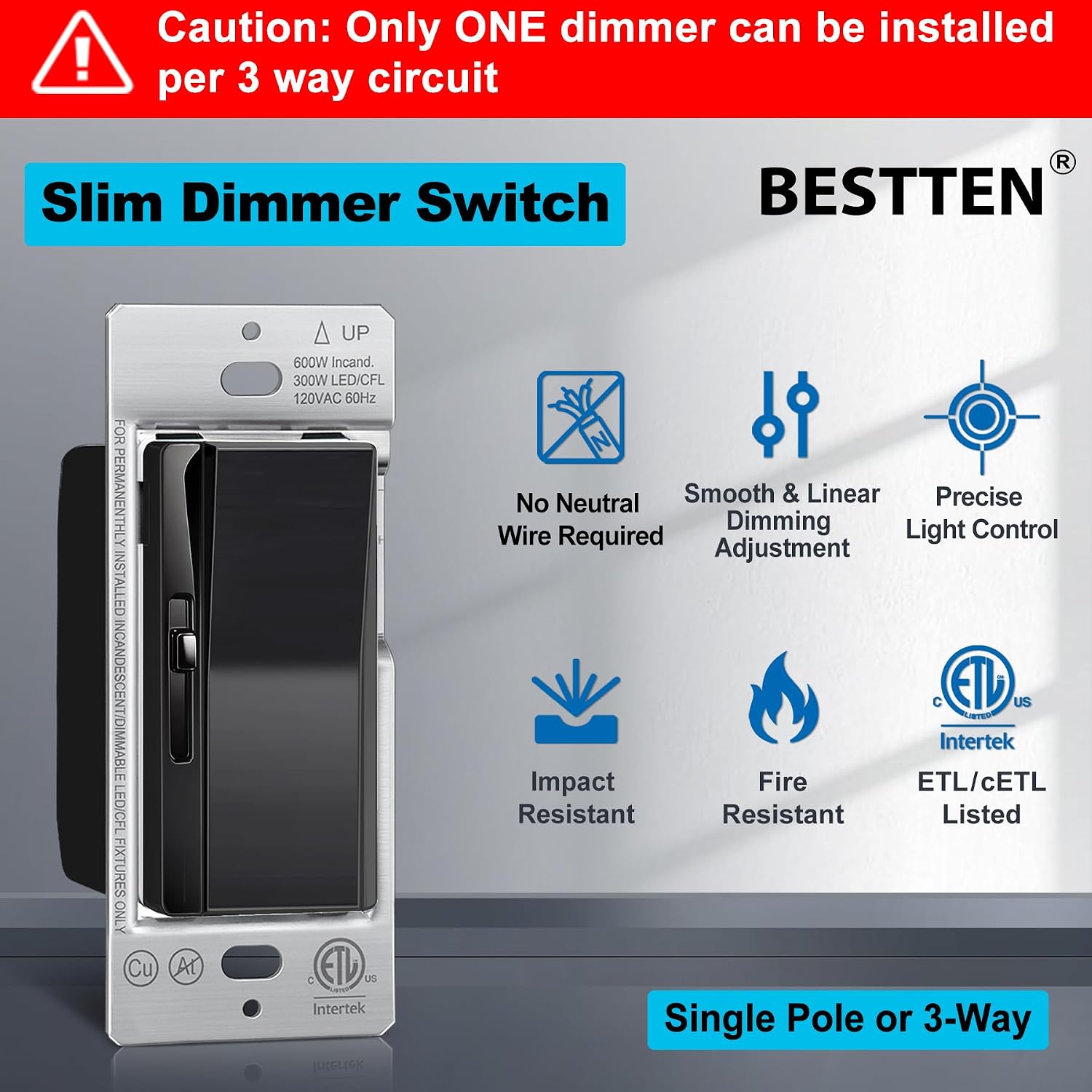 3PK BESTTEN Slide Dimmer Light Switch, Single Pole or 3 Way Dimmable Switch