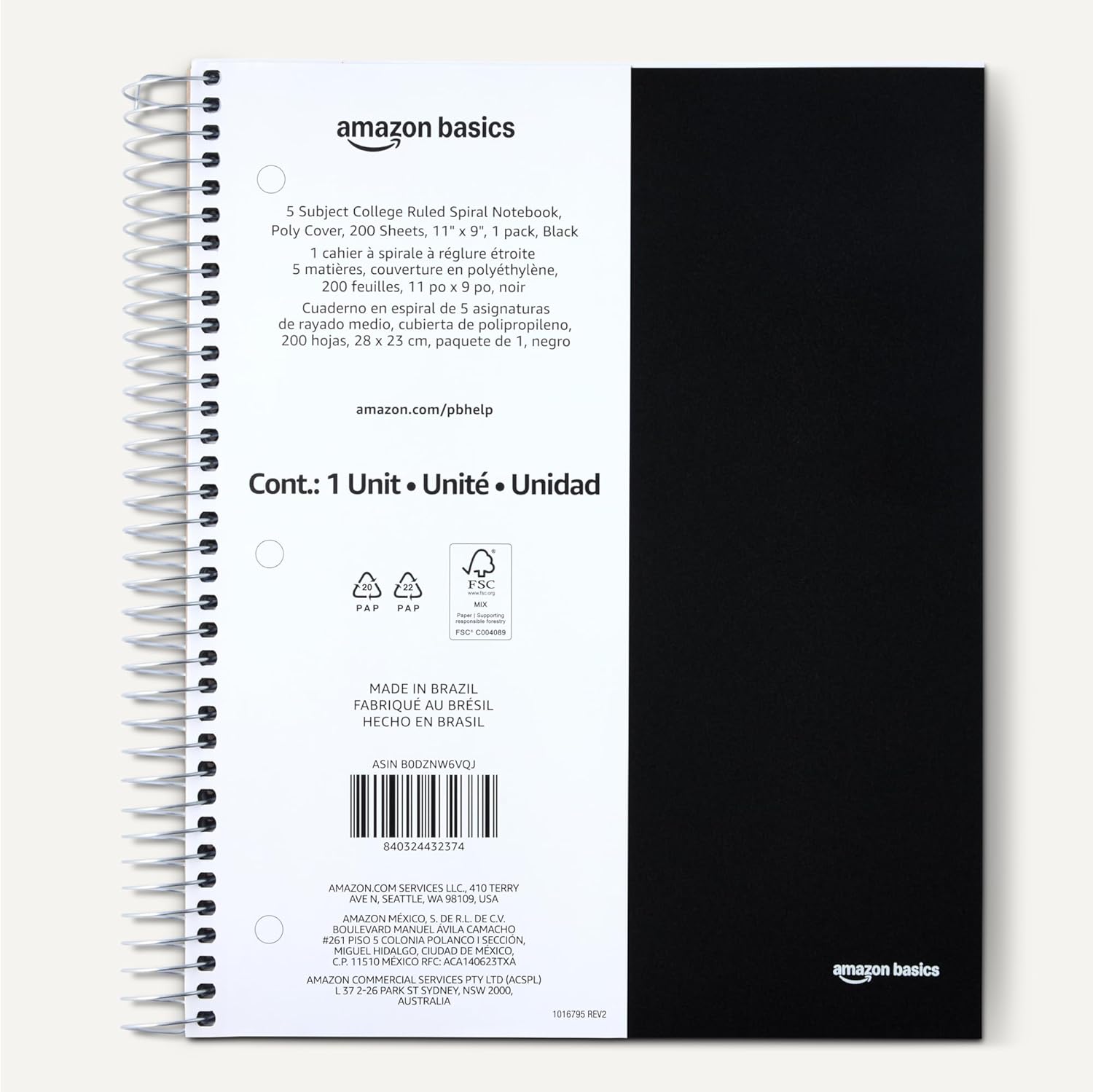 Amazon Basics College Ruled 5-Subject Spiral Notebook, 200 Sheets, 9" x 11", Black