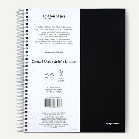 Amazon Basics College Ruled 5-Subject Spiral Notebook, 200 Sheets, 9" x 11", Black