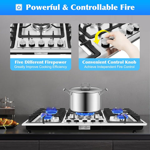 5 Burners Gas Cooktop, 34 inch Built-in Gas Stove Top Stainless Steel LPG/NG Countertop Hob Cooker for Home Hotel Restaurant