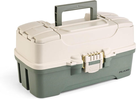 Plano Two-Tray Tackle Box, Green/Tan, Rust-Proof Brass Latch, Top-Access Tray with Deep Storage, Made in the USA, Portable Fishing Gear Storage Organizer