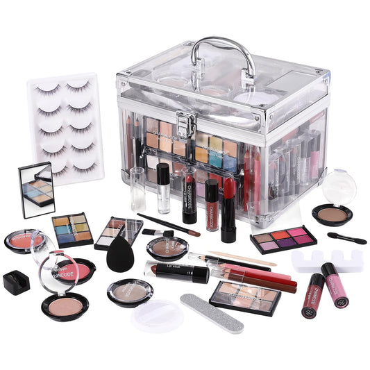 Makeup Kit for Women Full Kit - Eyeshadow Palette, Lipsticks, Lipgloss, Blushes, Contour, Highlighters, Makeup Pencil, False Eyelashes, Re-usable Train Case Gift Set for Teen Girls Starters Pros