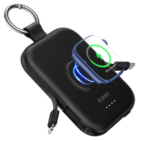 RORRY Portable Charger, 5000mAh Portable Charger Power Bank with Built-in Cables, Travel Keychain Battery Pack for Apple Watch Ultra 2/9/8/Ultra/7/6/SE/5, iPhone 16/15/14/13/12, Black