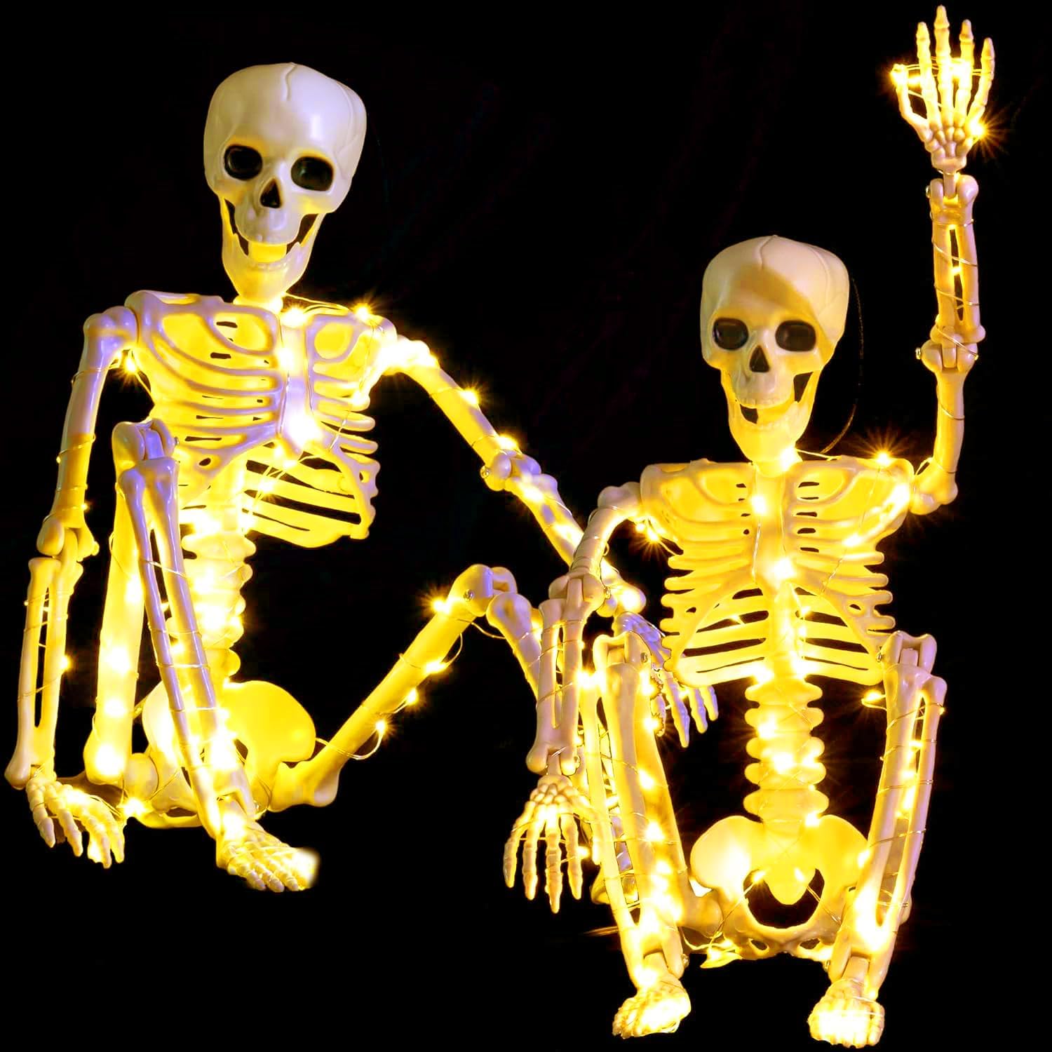 2 Pack 24 Inches Halloween Skeleton, LED Light Up Pose-N-Stay Halloween Skeleton Full Body Posable Movable Jonints for Halloween Decoration