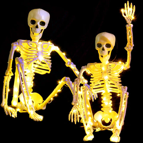 2 Pack 24 Inches Halloween Skeleton, LED Light Up Pose-N-Stay Halloween Skeleton Full Body Posable Movable Jonints for Halloween Decoration