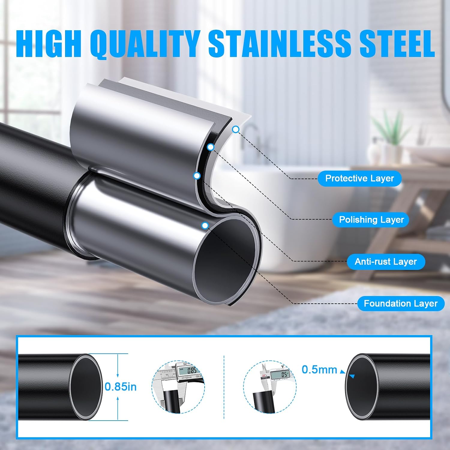 TEECK Shower Curtain Rod, 32-68 inch Adjustable Spring Tension Curtain Rod, Never Rust Anti-Slip Shower Curtain Rod for Bathroom, No Drilling, Never Collapse, Easy to Use, Black