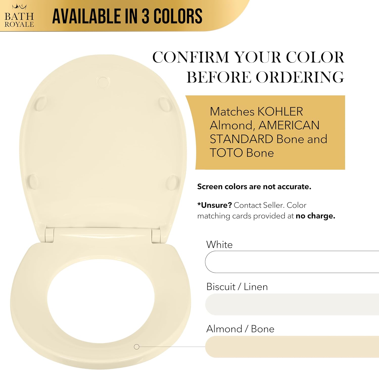 Bath Royale Toilet Seat Upgrade Round BR500-02 Heavy Duty Quiet Close, Durable, Stain-Resistant and Easy to Clean, Fits All Toilet Brands, Executive Series - Almond/Bone