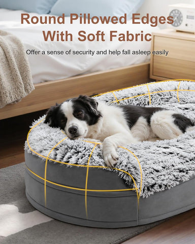 iweepet Fluffy Calming Jumbo Orthopedic Dog Beds for Extra Large Dogs, Supportive Dog Sofa Bed with 3.7 inch 28D Egg-Crate Foam, Removable Washable Plush Cover, Waterproof Lining, 48’’,Grey