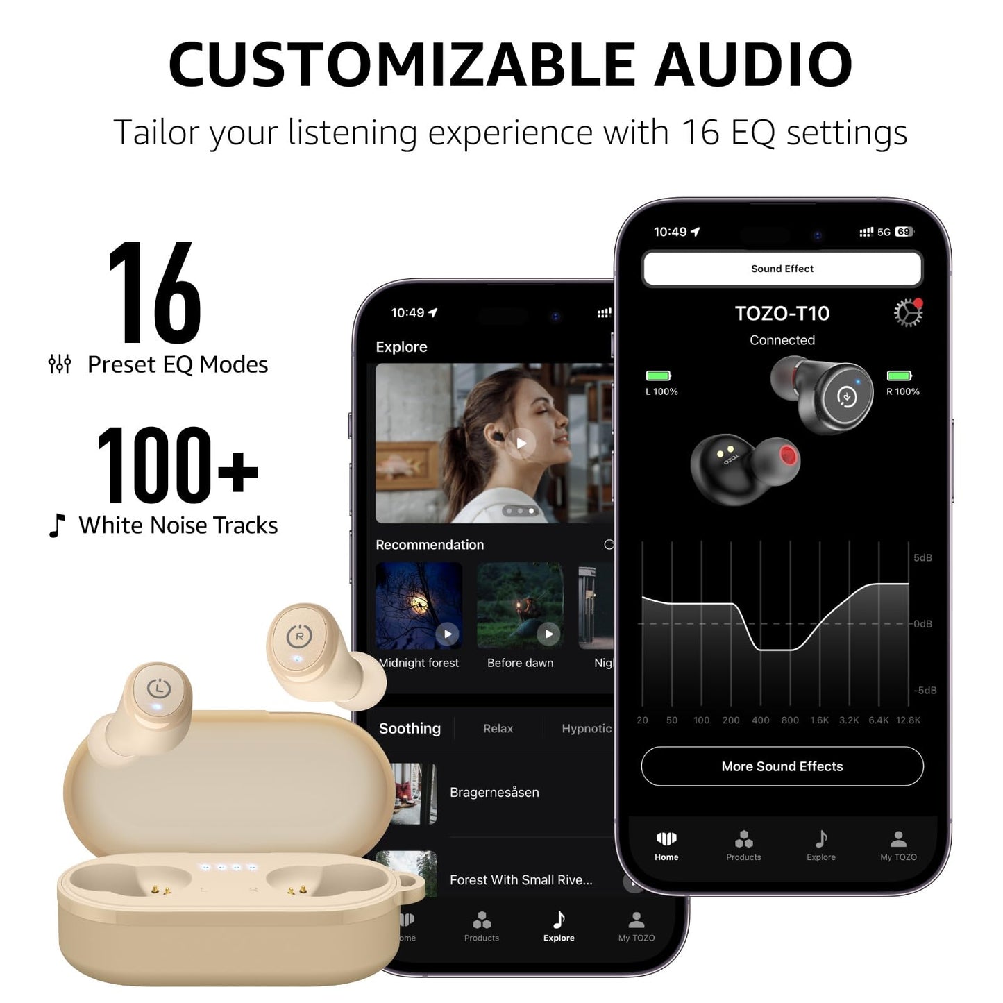 TOZO T10 Wireless Earbuds Bluetooth 5.3 Headphones, App Customize EQ, Ergonomic Design, 55H Playtime, Wireless Charging Case, IPX8 Waterproof Powerful Sound in-Ear Headset Khaki(New Upgraded)