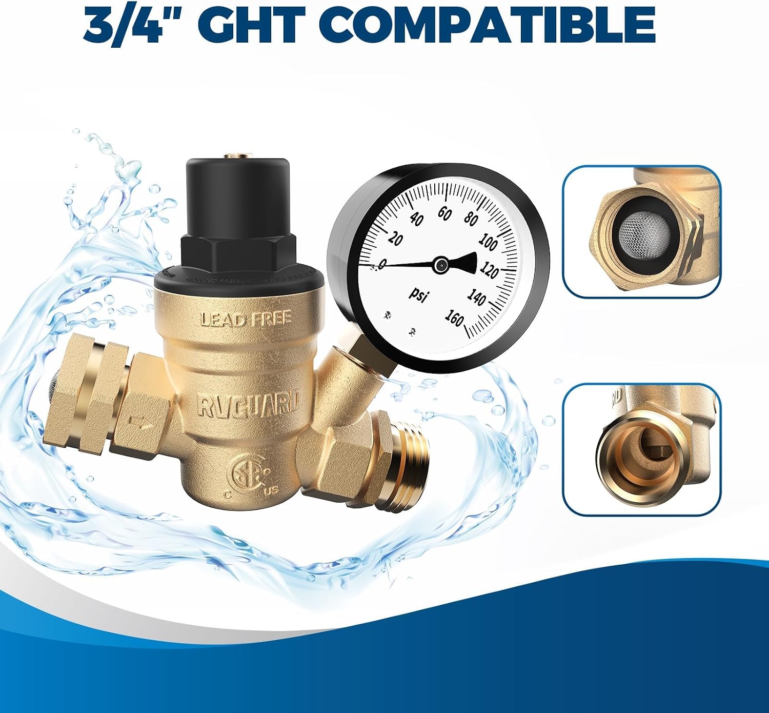 RVGUARD RV Water Pressure Regulator Valve, CSA Approved, Lead-Free Brass