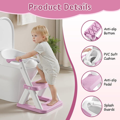 Potty Training Toilet Seat with Steps, 2-in-1 Toddler Toilet Seat for Boys Girls with Splash Guard Soft Anti-Slip Pad,Bright Purple