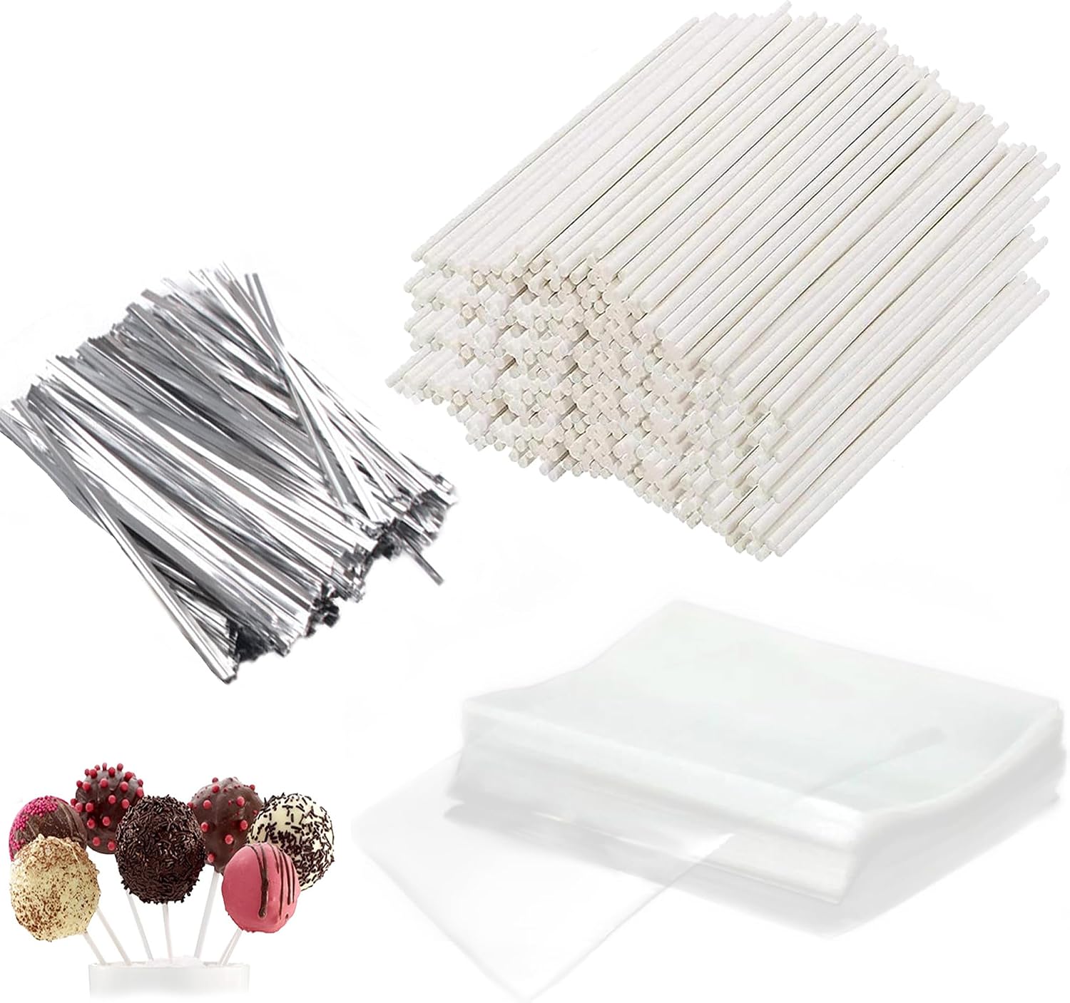 Basquei Cake Pop Sticks 6 Inches, Cake Pop Bags (3.9"X4.7"), Silver Metallic Twist Ties, 600 Pcs Cake Pop Kit Used for, Lollipops Cake, Candies, Chocolates Making Tools