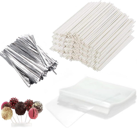Basquei Cake Pop Sticks 6 Inches, Cake Pop Bags (3.9"X4.7"), Silver Metallic Twist Ties, 600 Pcs Cake Pop Kit Used for, Lollipops Cake, Candies, Chocolates Making Tools