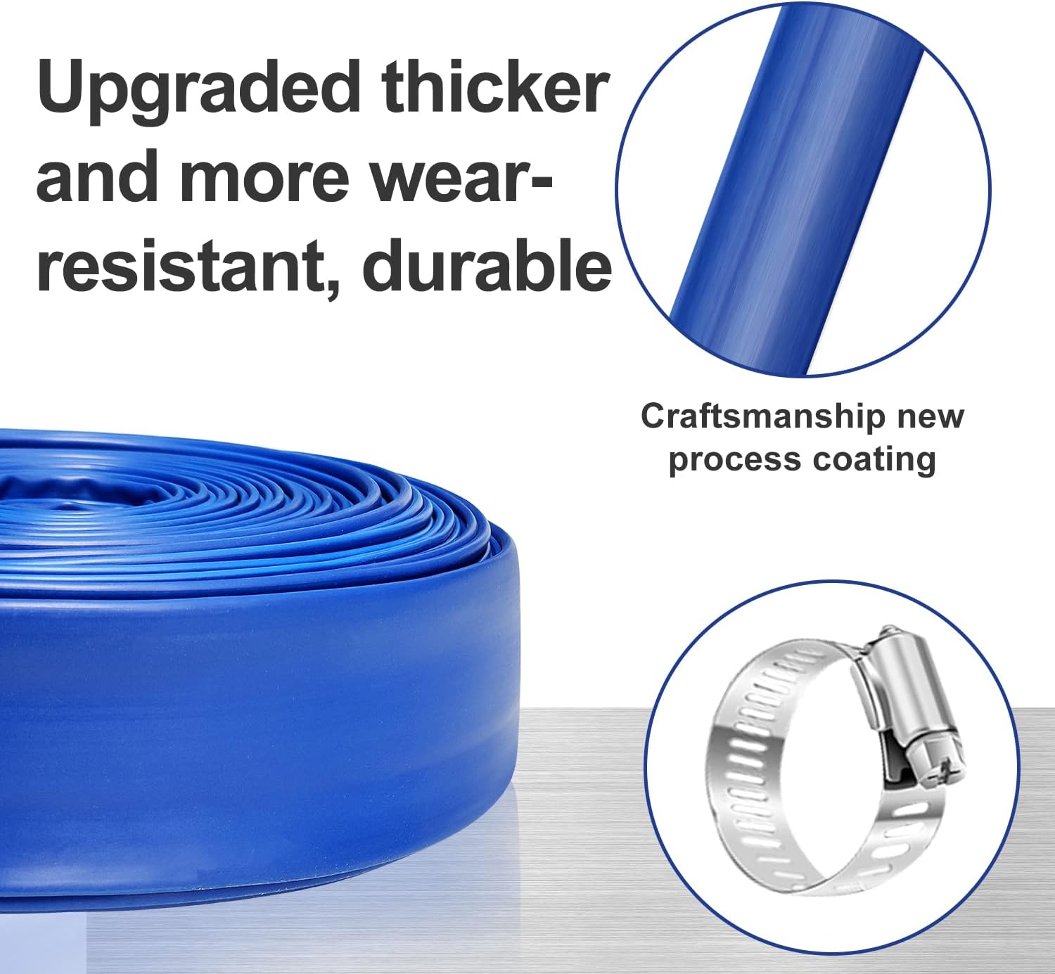 YASHINE PVC HOSE 1-1/2"*50ft, Pool Backwash Hose, Heavy Duty Reinforced Blue PVC Discharge Hose Lay Flat Water, For Swimming Drain Pools and Clean Filters, with 2 Clamp