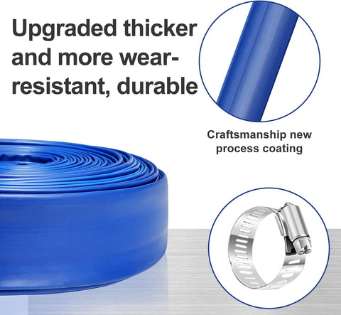 YASHINE PVC HOSE 1-1/2"*50ft, Pool Backwash Hose, Heavy Duty Reinforced Blue PVC Discharge Hose Lay Flat Water, For Swimming Drain Pools and Clean Filters, with 2 Clamp