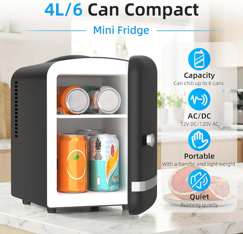 Antarctic Star Portable Mini Fridge,4L/6 Cans Compact Refrigeratorfor for Skin Care,Makeup,Beverage,Cooler and Warmer for Bedroom/Car/Office/Dorm,BLACK