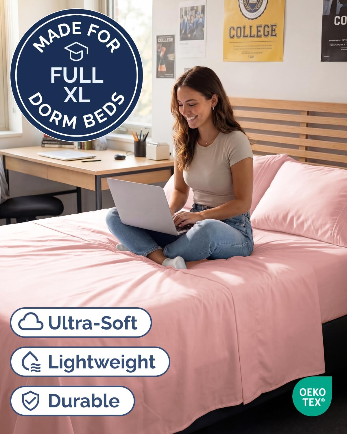 Full XL Sheets - 4 Piece Full XL Sheet Set - Cool & Breathable - Baby Pink