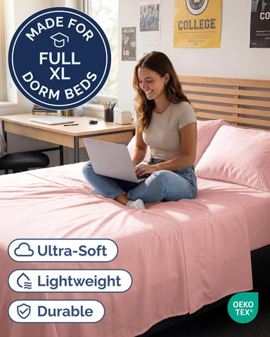 Full XL Sheets - 4 Piece Full XL Sheet Set - Cool & Breathable - Baby Pink