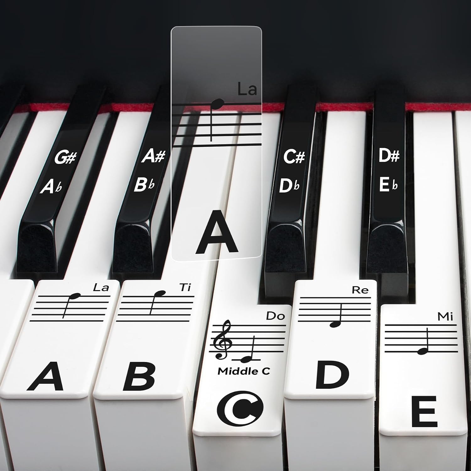 2 Sheets Piano Keyboard Stickers for 88/76/61/54/49 Keys, Transparent and Removable Piano Stickers for Beginners and Kids, Keyboard Letters Labels Notes Guide (Black)