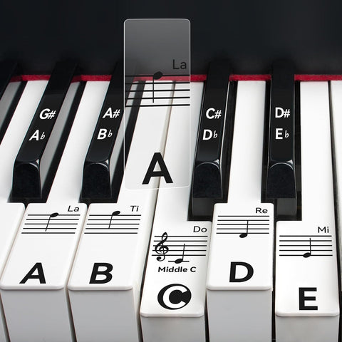 2 Sheets Piano Keyboard Stickers for 88/76/61/54/49 Keys, Transparent and Removable Piano Stickers for Beginners and Kids, Keyboard Letters Labels Notes Guide (Black)
