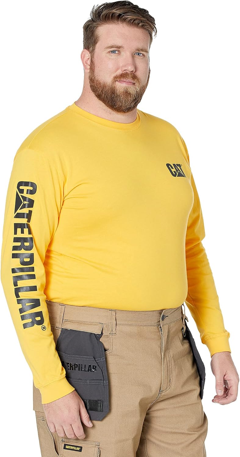 Caterpillar Trademark Banner Long Sleeve Tee Shirts for Men with Center Back Neck Wire Management Loop and Cat Workwear Logo