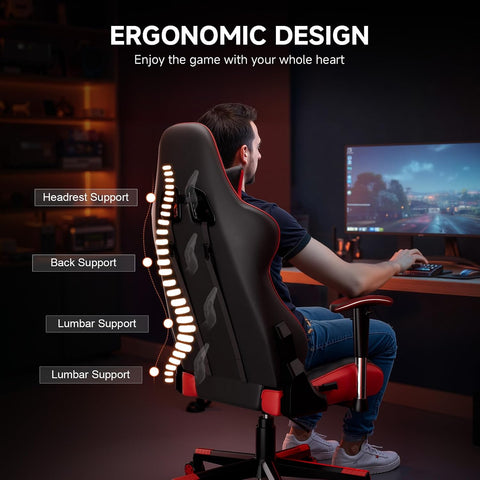GTPLAYER Gaming Chair with Footrest, Ergonomic Computer Game Desk Chair, Reclining Chair Seat Height Adjustment, Swivel Rocker with Headrest and Lumbar (Red)