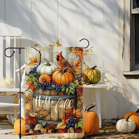Welcome Fall Cardinal Garden Flag, Autumn Pumpkin Harvest Wooden Barrel Outdoor For Decor, 12x18 Inch Double Sided Burlap Maple Leaf Farmhouse Home Decor Yard Party Thanksgiving Decoration