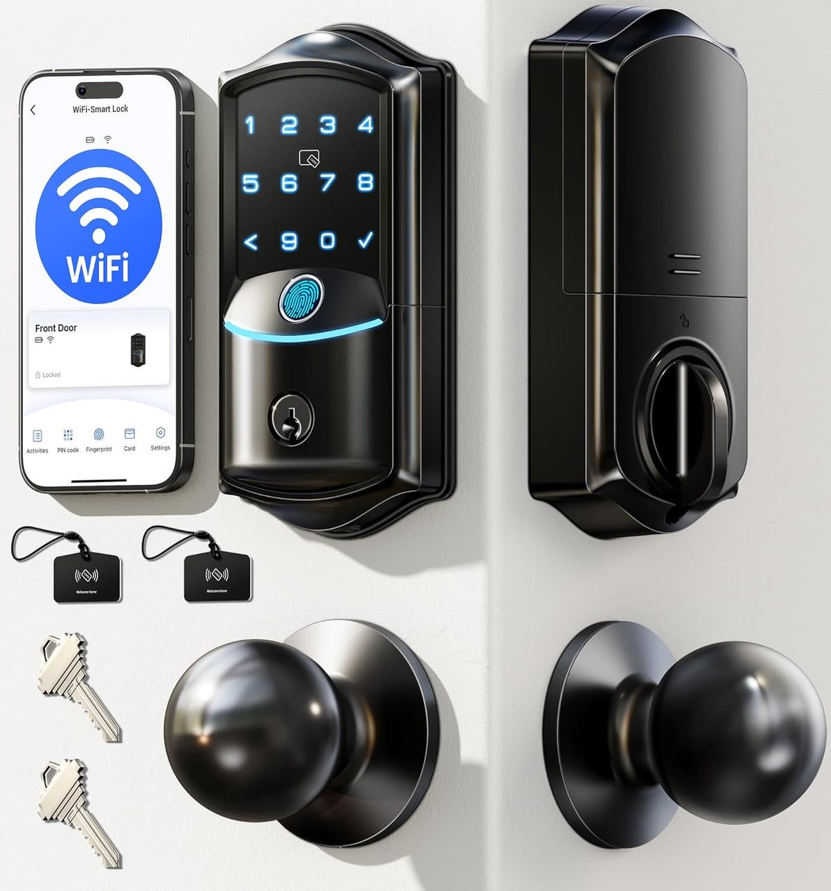 Veise VE027-K WiFi Smart Deadbolt Locks with 2 Knobs Set, Matte Black