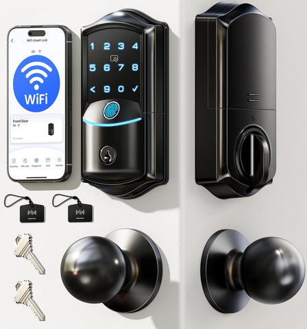 Veise VE027-K WiFi Smart Deadbolt Locks with 2 Knobs Set, Matte Black