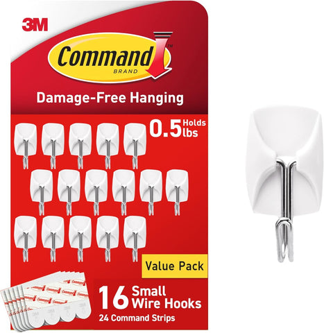 Command Small White Wire Hooks, 16 Hooks, 24 Strips