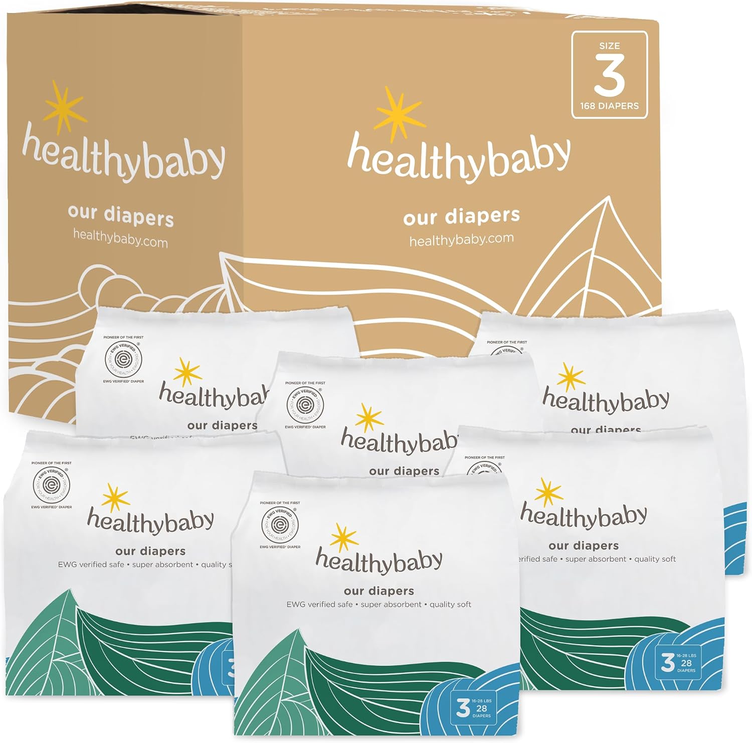 HealthyBaby Non-Toxic Diapers for Sensitive Skin - Size 3, 168 Count