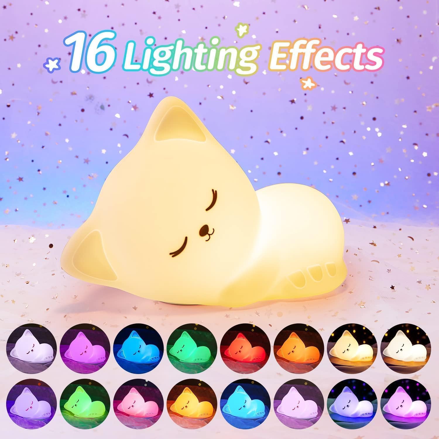 Cat Night Light for Kids 16 Colors, Silicone Squishy Girls Cat Themed Gifts