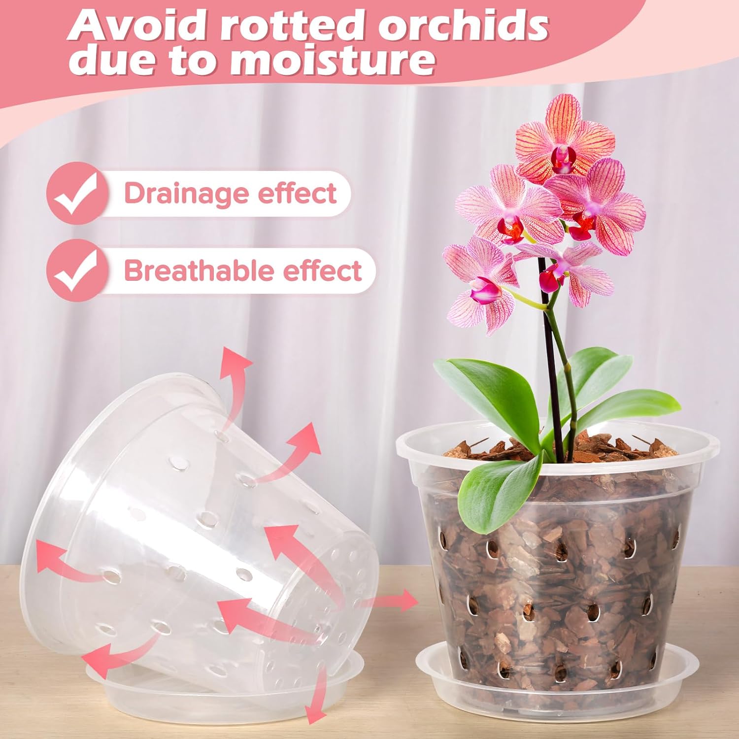 FUIJOL Orchid Pot, 6 Pack 456 Inch Clear Orchid Pots with Holes and Saucers for Repotting, Breathable Slotted Plastic Orchid Planters with Drainage for Root Health Indoor Outdoor (456 inch)