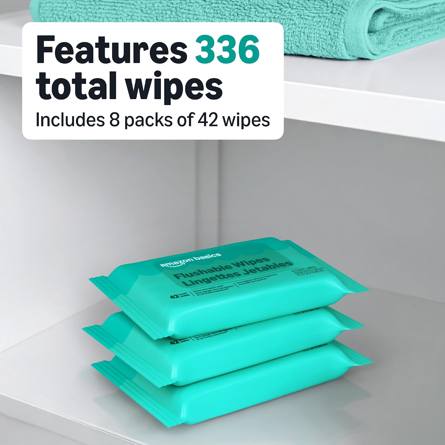 Amazon Basics Flushable Adult Toilet Wipes, Fragrance Free, 42 Count (Pack of 8) (Total 336 wipes) (Previously Solimo), Packaging May Vary