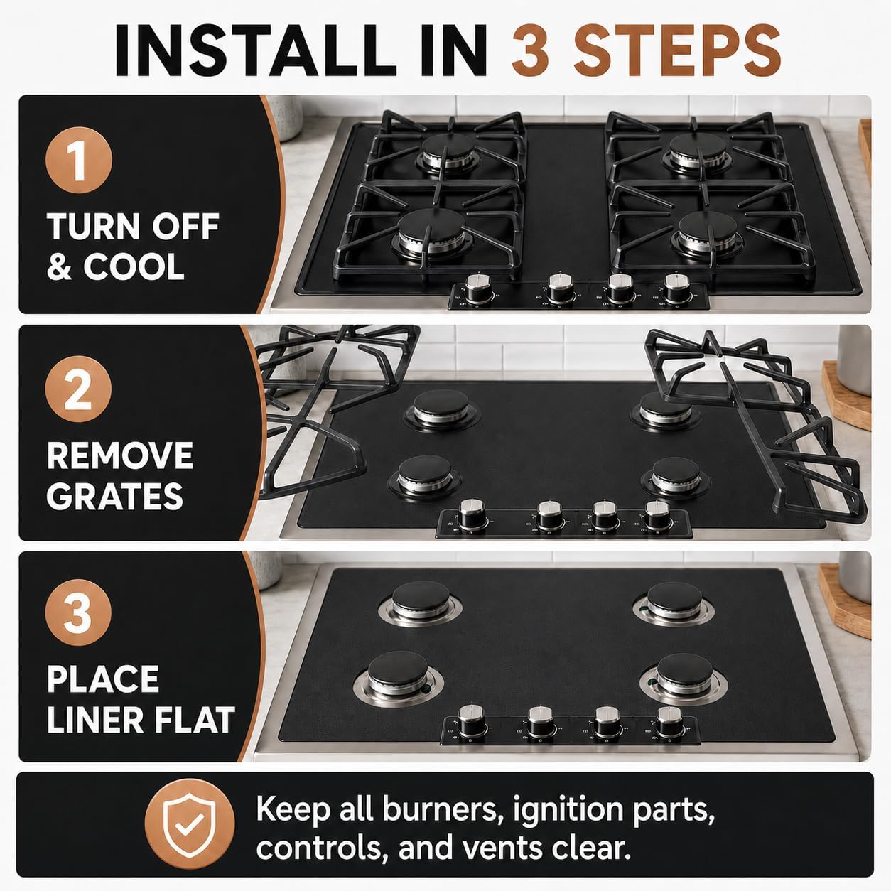 CookTop Protector for General Electric GE Gas CookTop, Custom Fit Ultra Thin Reusable Burner Splatter Spill Guard Protective Cover Liner - CGU366P4TW2