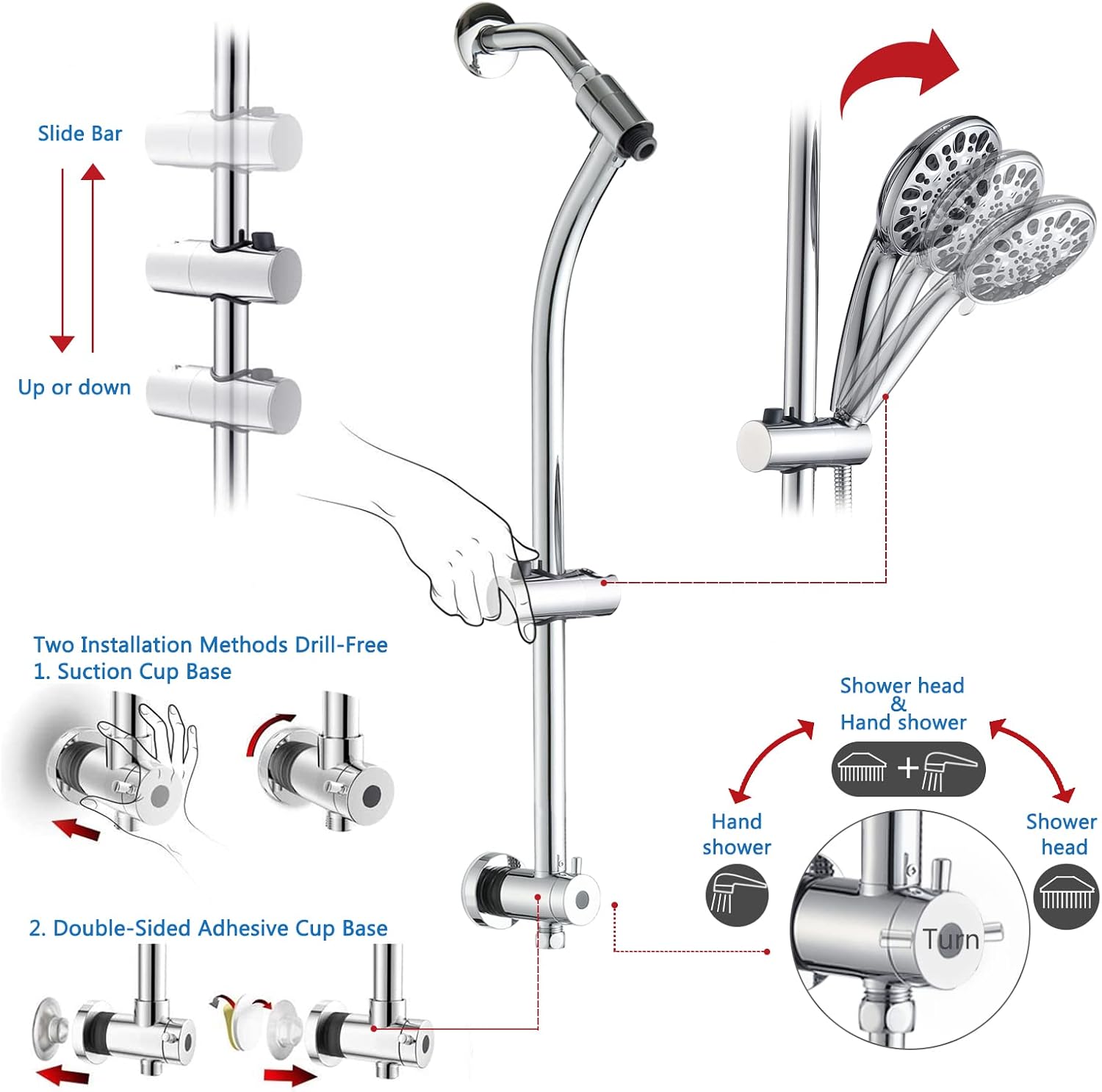 High Pressure 48-Settings Shower Head with Handheld Shower,Drill-Free 3-Way Diverter for Easy Reach,Adjustable Height Slide Bar Dual Shower Head Combo Set - Chrome