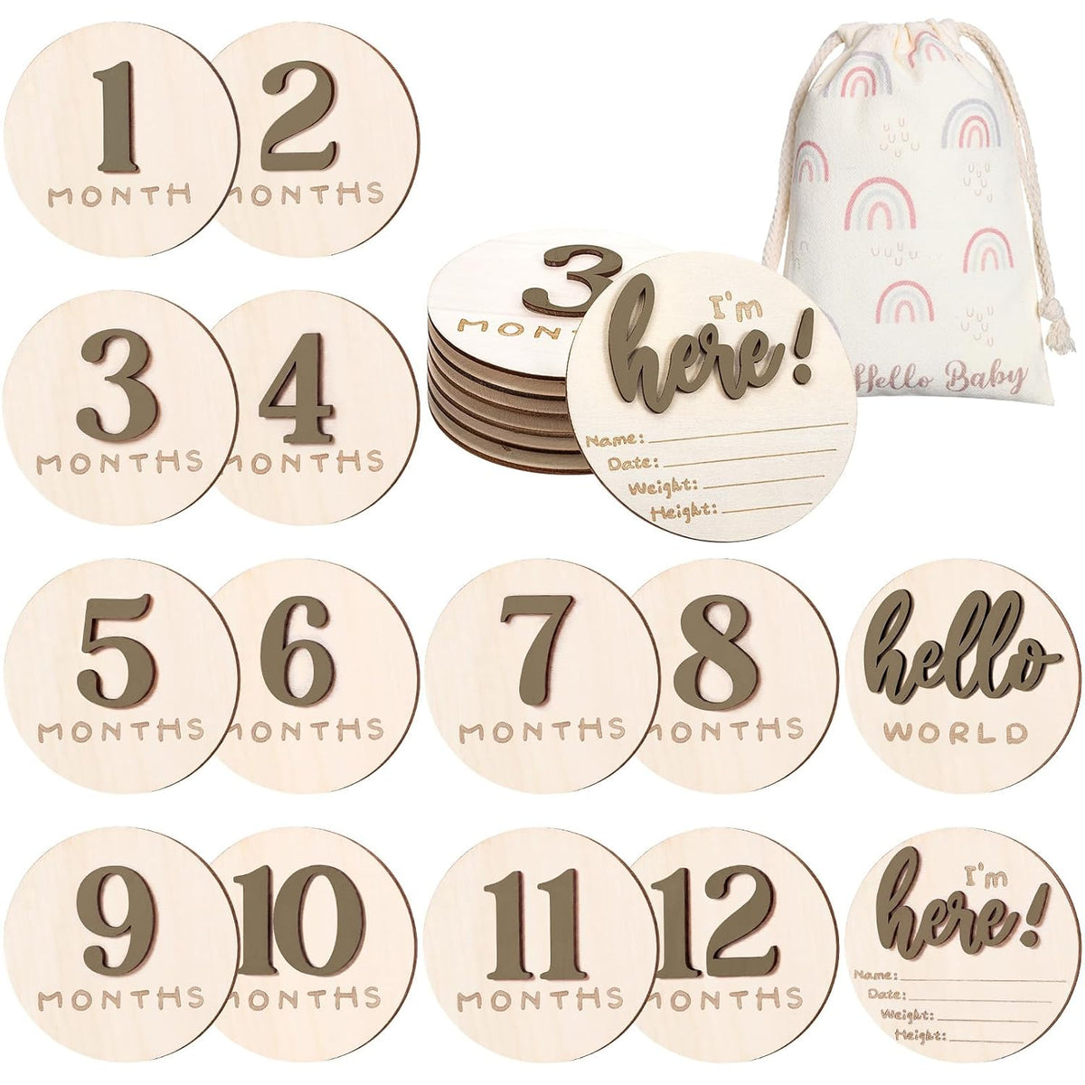 Baby Monthly Milestone Announcement Signs Wood,Brown,Number