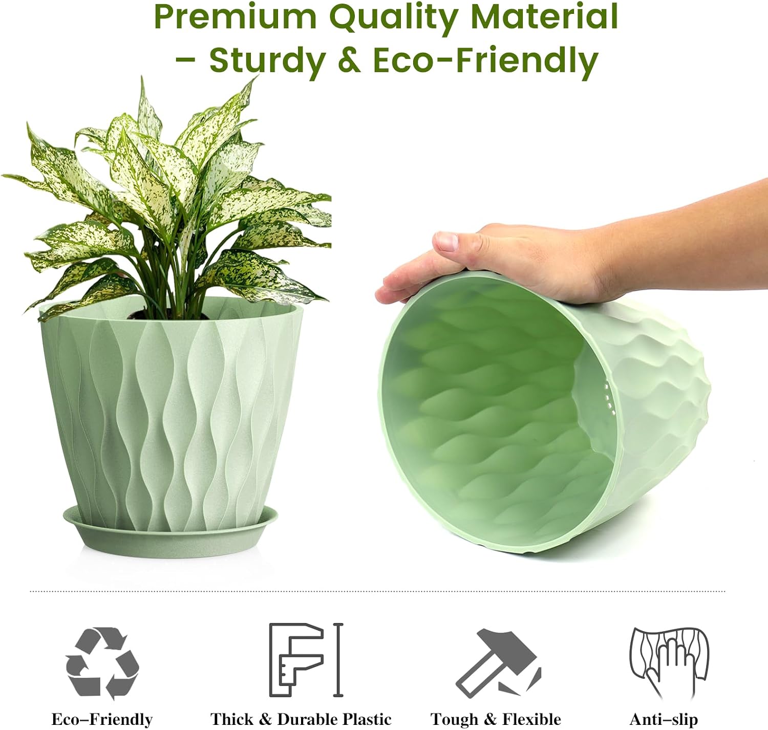 UOUZ 8 Inch Plant Pots, 4 Pack Plastic Planters for Indoor Outdoor with Drainage Holes & Saucers, Waffle Texture Flower Pots for Indoor Plants, Indoor Plant Pots for Monstera, Fiddle Leaf Fig, Green