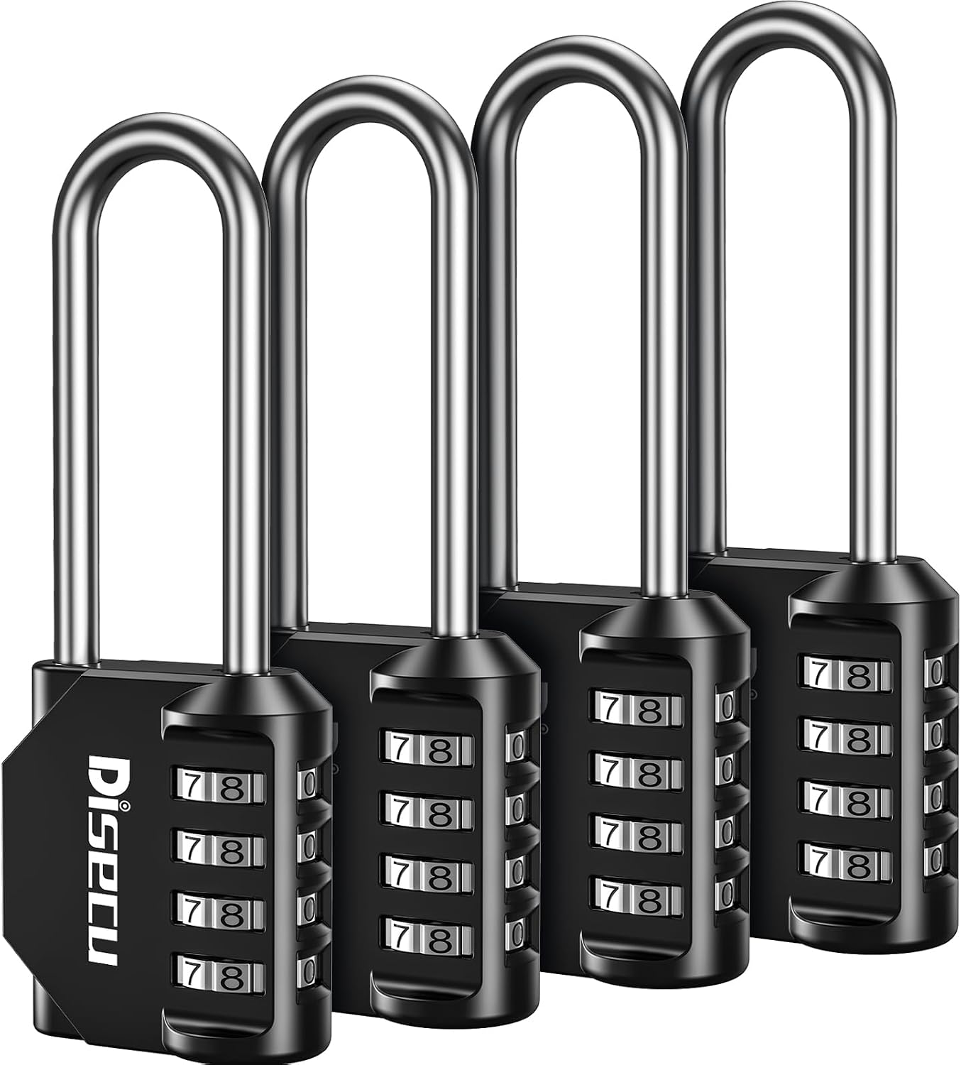 4 Pack disecu 2.6 Inch Long Shackle Combination Lock, 4 Digit Outdoor Waterproof Padlock for School Locker, Gym Locker, Storage Unit, Gate, Fence, Toolbox, Cabinet (Black)