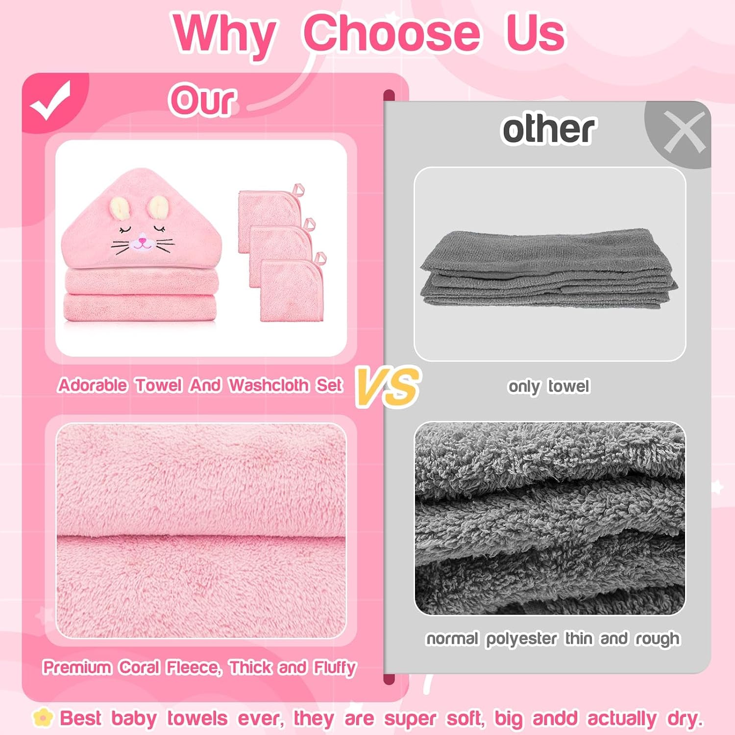 4 PCS Baby Bath Towels Set, Baby Towel for Newborn Essential (Pink Kittens)