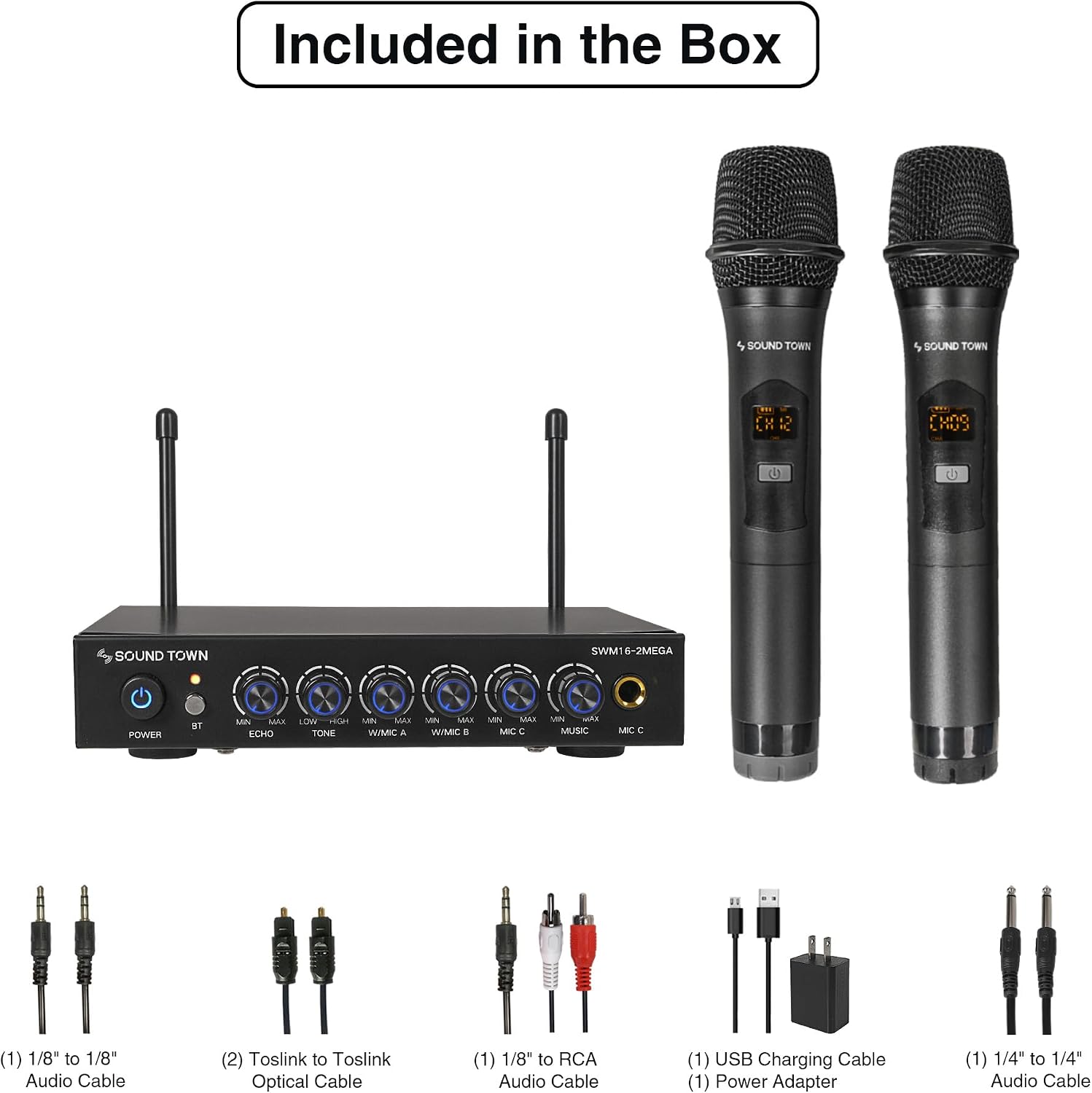 Sound Town 100 Channels Wireless Microphone Karaoke Mixer System with 2 Metal Handheld Microphones, Optical (Toslink), AUX, for Smart TV, Home Theater, Sound Bar (SWM16-2MEGA)
