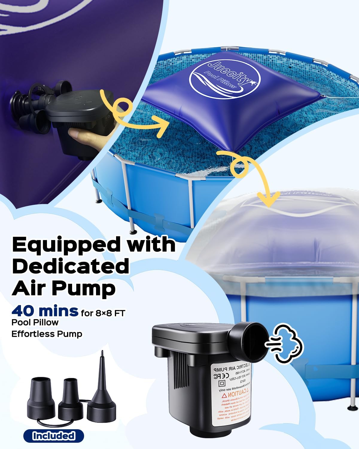 Pool Pillows for Above Ground Pools, 8x8 FT with Pump & Rope & Patch, 0.42mm Thick Winter Air Pillow Winterizing & Closing Kit Swimming Inground Pool, Inflatable Pool Cover Pillow Accessories