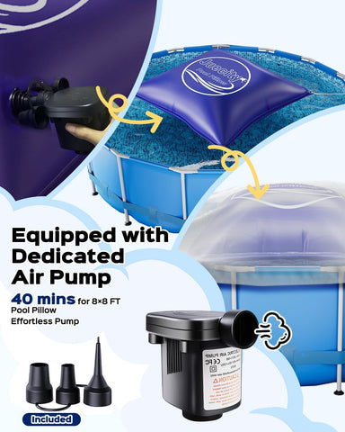 Pool Pillows for Above Ground Pools, 8x8 FT with Pump & Rope & Patch, 0.42mm Thick Winter Air Pillow Winterizing & Closing Kit Swimming Inground Pool, Inflatable Pool Cover Pillow Accessories
