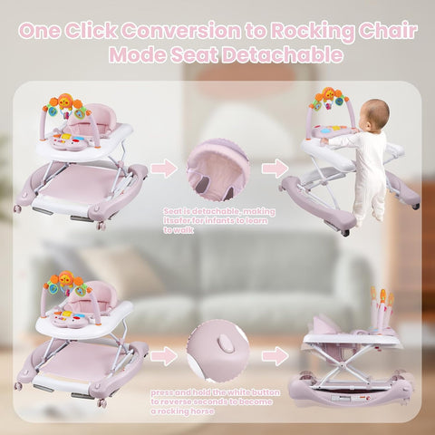 Boyro Baby Baby Walker, 5-in-1 Baby Walkers for Boys and Girls 6-12 Months with Bouncer, Removable Footrest, Feeding Tray & Music, Foldable & Adjustable Activity Walker for 6-18 Months Toddler Infant